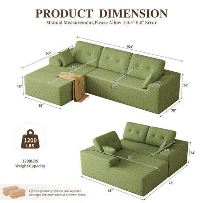 Ball & Cast 106" Boneless Sectional Sofa, Chenille Modular L Shaped Couch with Deep Seat Chaise, Cloud Style Oversized Sectional Couch for Living Room, No Assembly, Left Facing, Green
