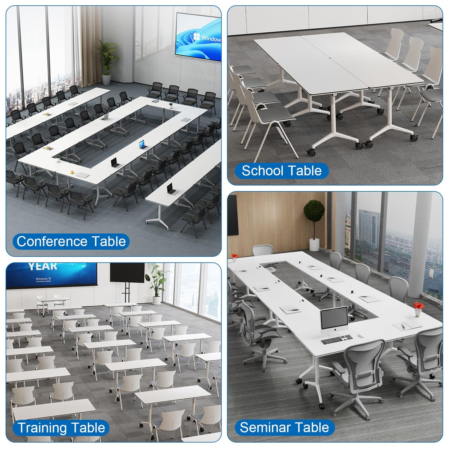 Modular Folding Conference Room Table with Wheels - 4 Pack Flip Top Mobile Training Table,Modern Meeting Tables 2-30 Person,White,55.1"x21.6"x29.5"