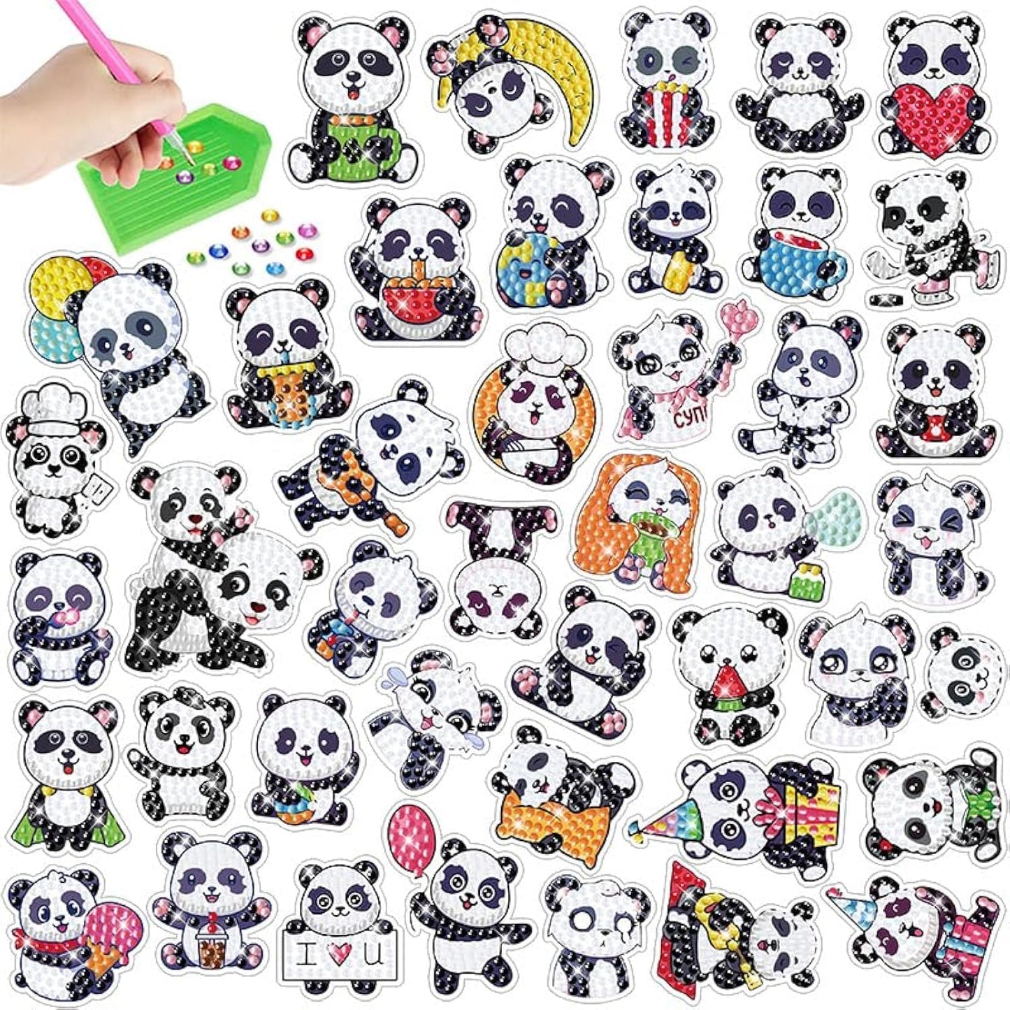 PICNICFUN Diamond Stickers for Kids,30 PCS 5D DIY Panda Diamond Sticker Kits Handmade Digital Paint Rhinestone Mosaic Sticker (Panda)