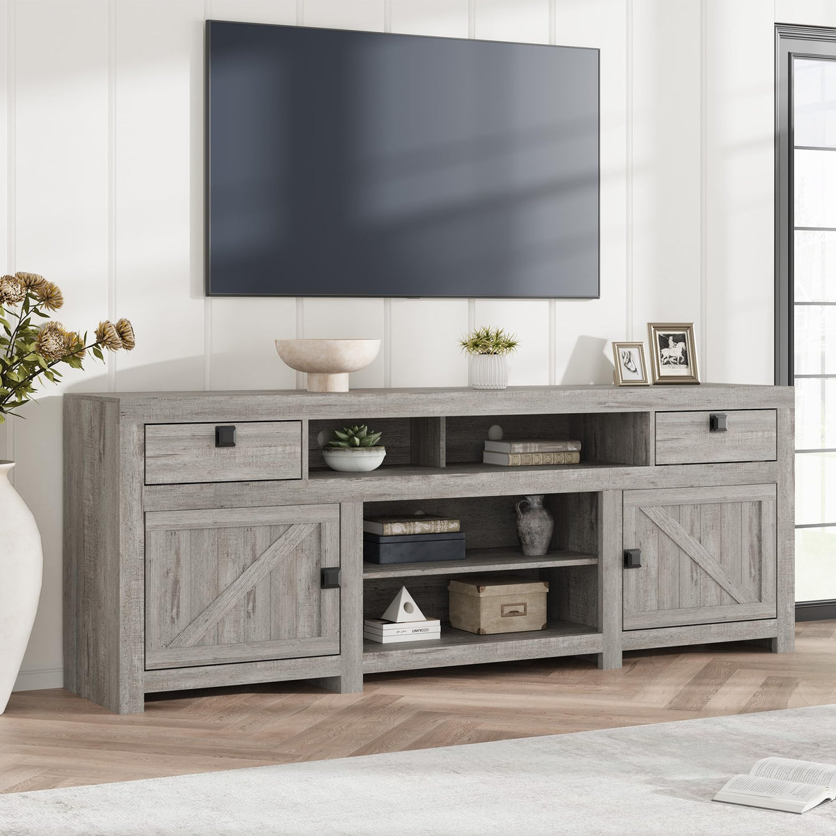 GarveeHome Farmhouse TV Stand for 80 in TVs, Long Entertainment Center with 4 Storage Drawers & 3 Open Shelf, Grey Television Consoles Stands for Living Room, Bedroom