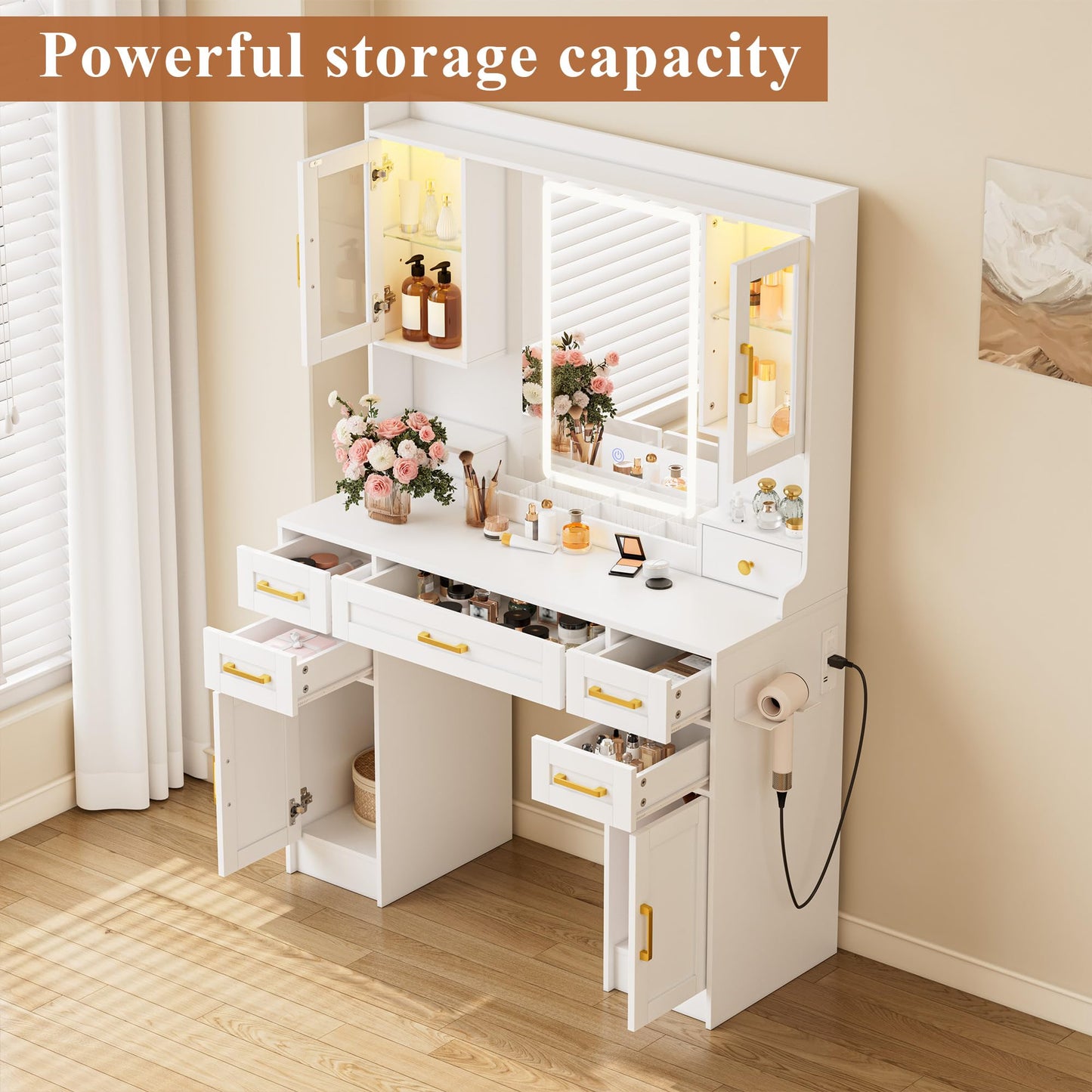 YBXGO Vanity Desk with Mirror and Light, Makeup Vanity Table with Drawer and Storage Dresser, 3 Lighting Modes Adjustable Brightness, Bedroom Dressing Table