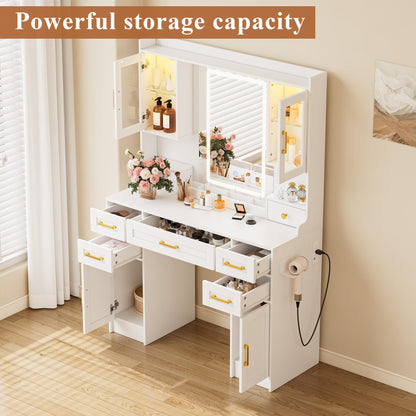 YBXGO Vanity Desk with Mirror and Light, Makeup Vanity Table with Drawer and Storage Dresser, 3 Lighting Modes Adjustable Brightness, Bedroom Dressing Table