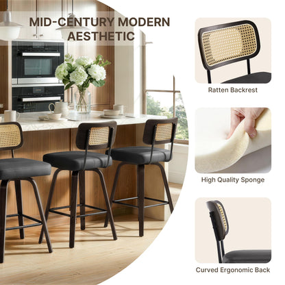 Swivel Bar Stools Set of 4, 26" Upholstered Counter Height Bar Stools with Rattan Back and Bent Wood Legs, Faux Leather Modern Barstools for Kitchen Island,Rattan Black/Dark Walnut Frame
