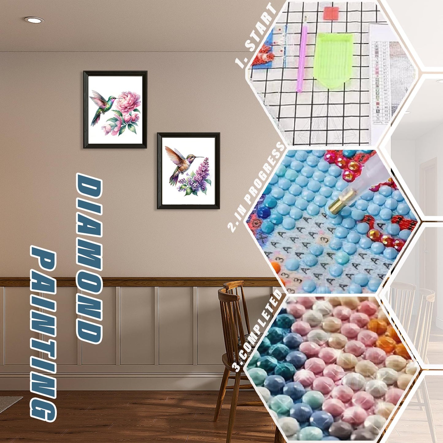 Qykwz 2 Pcs Spring Hummingbird Diamond Painting Kits for Adults, Farmhouse Peony Lilac Flower Hummingbird Diamond Art Kits, DIY Full Drill Gem Art Kit for Home Wall Decor, 9.8x11.8 Inch