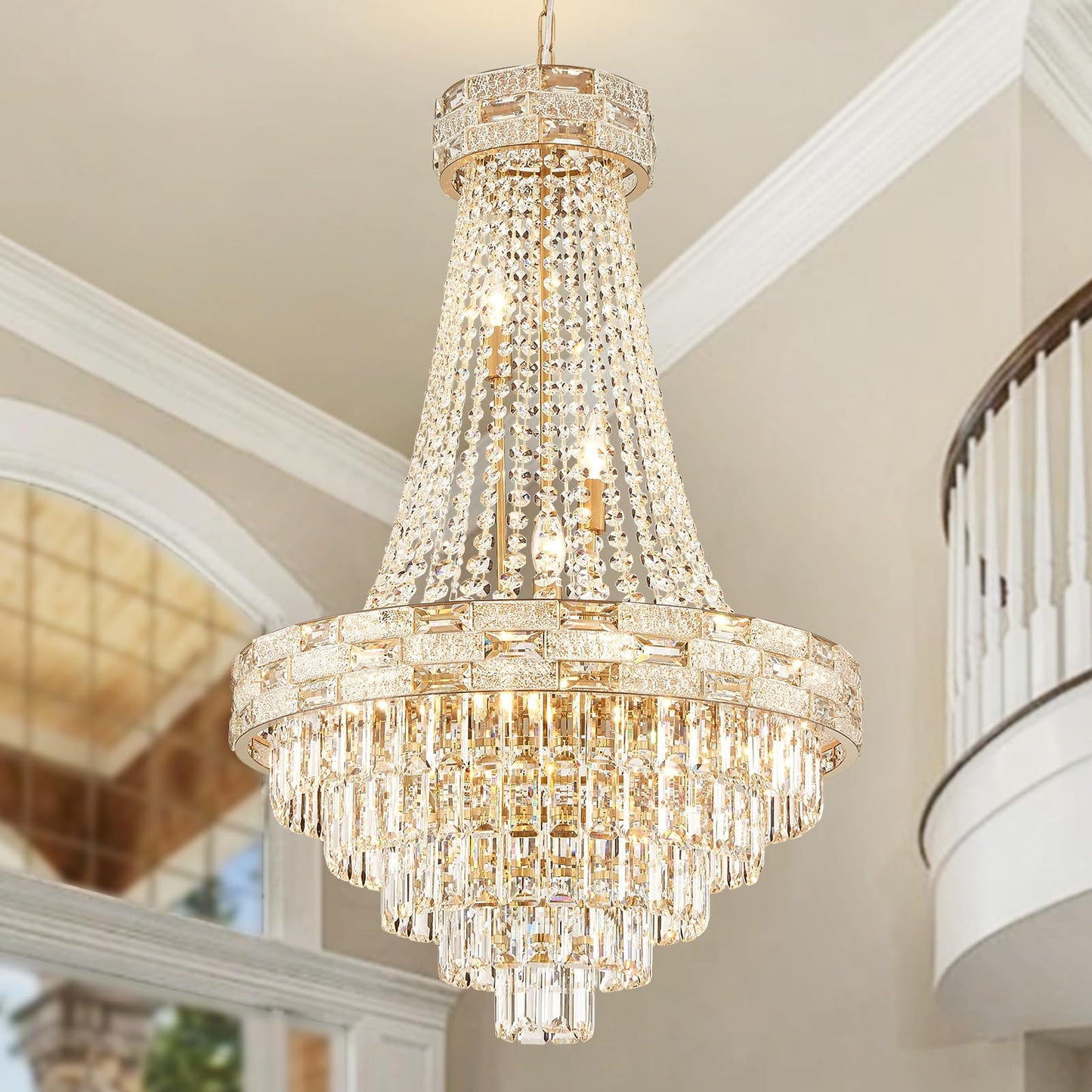 SHAOCHIAO 12-Light Gold Crystal Chandeliers,Empire Chandelier Light Fixture Modern High Ceiling Hanging Chandelier for Entryway,Foyer,Staircase,Hallway,Living Room(H36 x D23.2)