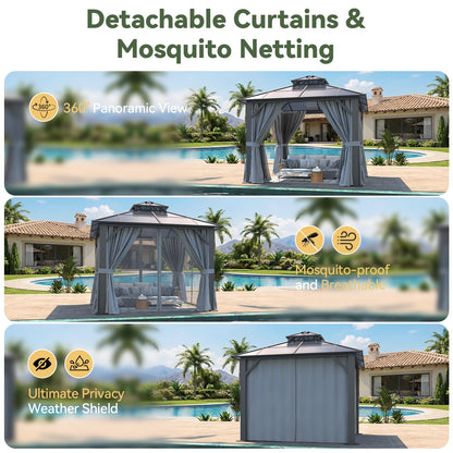 Breezestival 10’x10’ Hardtop Gazebo with Double Polycarbonate Roof Outdoor Metal Gazebo Sturdy Aluminum Frame & Removable Curtains, Netting Permanent Pavilion Pergola for Garden,Patio,Lawn (Gray)