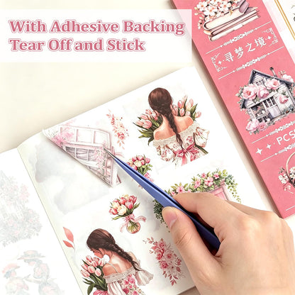 Dreamland Series Sticker Book, 2 Piece Set (Pink & Green), 100 Sheets Aesthetic Washi Stickers for Journaling - Vintage Scrapbooking Supplies for Junk Journal, Planner, DIY Arts & Crafts