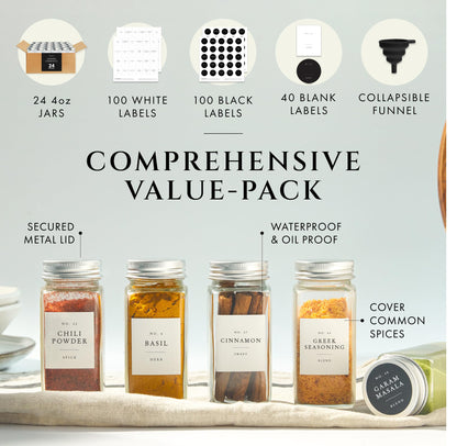 FINESSY Glass Spice Jars with Labels with Metal Lids and Shakers 24 Pack Set, 4oz Small Empty Air Tight Spice Containers with Labels, Clear Seasoning Containers Herb Bottles Kitchen Storage Organizer