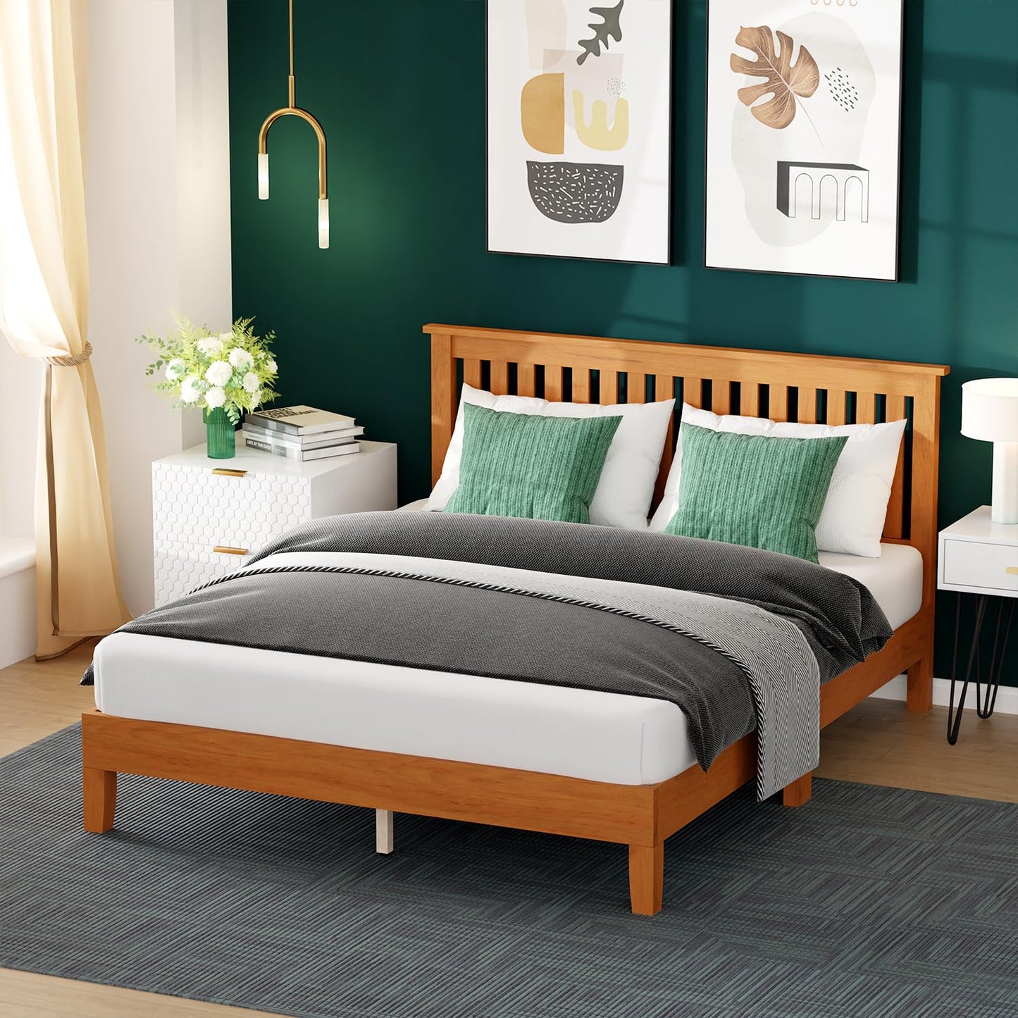 FDW Wood Platform Bed Frame Sturdy Solid Wood Foundation with Wooden Headboard/Wood Slats Support/No Box Spring Needed/Easy Assembly/Under Bed Storage (Queen)