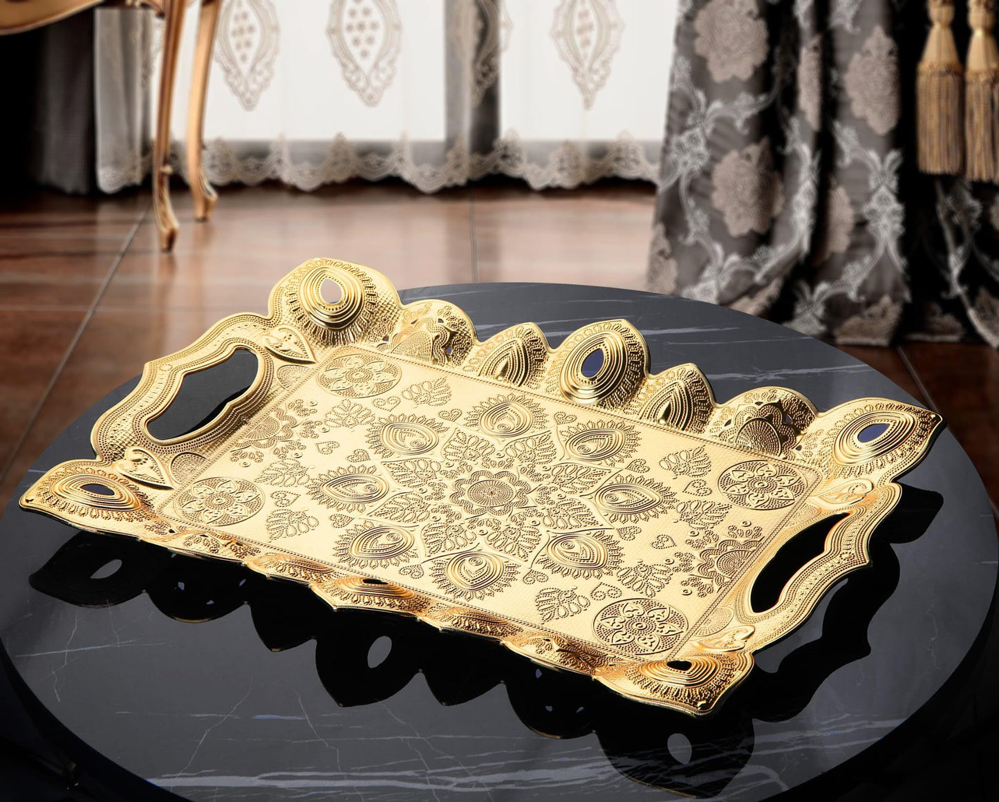 DEMMEX Engraved Turkish Tea and Coffee Serving Tray - Decorative Gold Rectangular Tray for 6, Heavy-Duty Metal, 14.5" x 10", Ideal for Turkish Tea and Coffee Sets