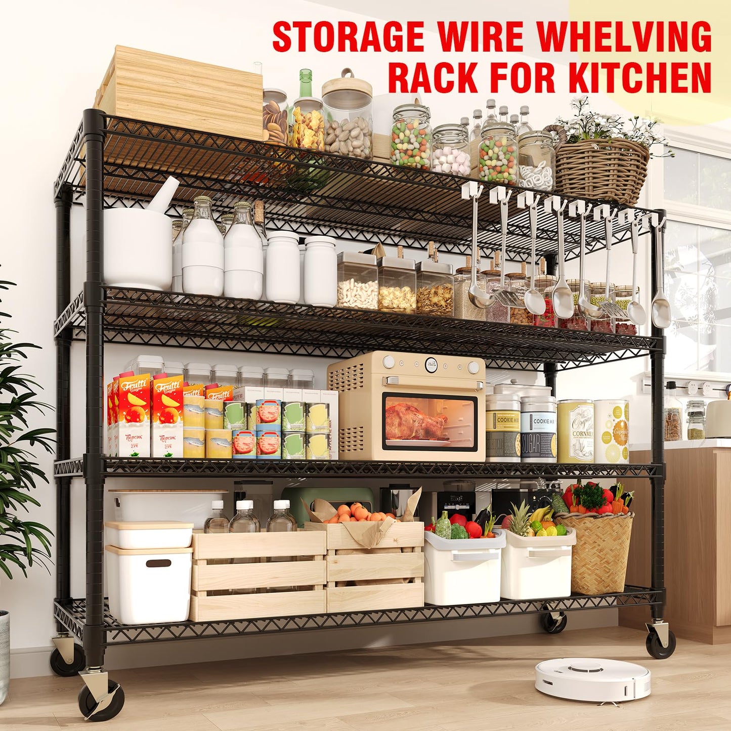 Metal Shelving Unit with Wheels, 72"H x 59"W x 17.7"D Garage Storage Shelves 4-Tier, Heavy Duty 2640LBS, Adjustable, Industrial Wire Rack Shelving Organizer, for Basement Home Office Kitchen, Black