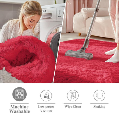 OLANLY Red Round Area Rug - Soft, Fluffy, Machine Washable 2 ft Circle Carpet for Bedroom & Living Room Decor