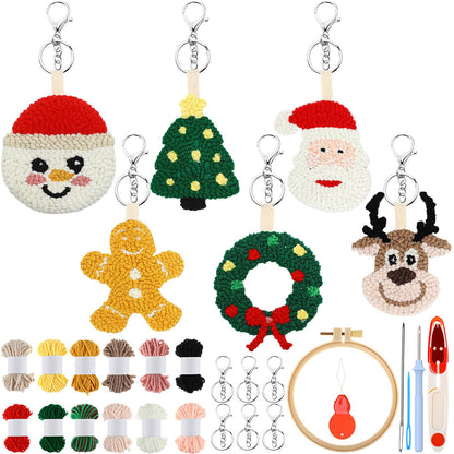 WinnerWhy 6 Pcs Christmas Punch Needle Kit Adults Beginner Keychain Accessories Christmas Punch Needle Embroidery Kit Includes Patterns, Tools, Yarns, Hoop, Instruction, Easy Art Work Decor for Adult