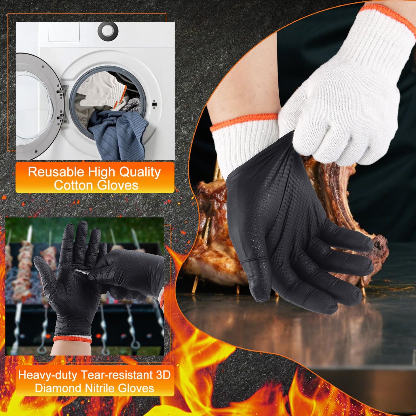 ANBOSON BBQ Gloves for Grilling Disposable Heat Resistant - 100 Nitrile Gloves + 4 Reusable Cotton Liners for Barbecue Smoker, Cooking Hot Meat - 10Mil Thick, Non-Slip Grip - Black Large
