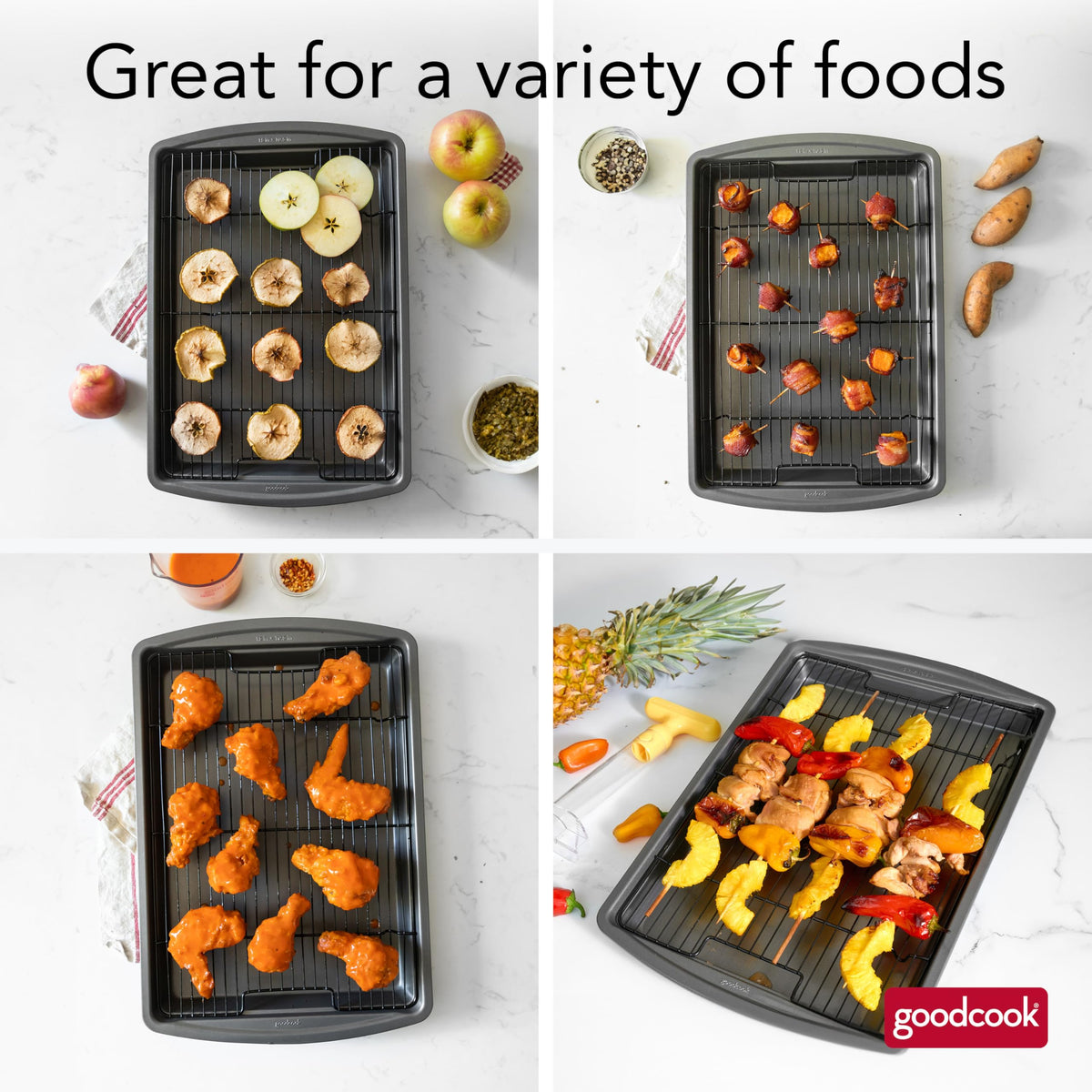 GoodCook 15” x 10.5” Nonstick Carbon Steel Baking Pan & Raised Wire Rack – Pizza Crisper, Crispy Bacon, Multipurpose Cooking Sheet Pan, Cooling Rack, Kitchen Cookware Set, Dishwasher Safe