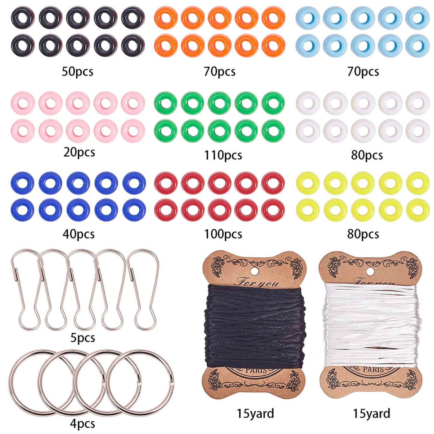 SUNNYCLUE 1 Box DIY 8 Pairs 620Pcs Bead Pets Kit 8mm Large Pony Beads Assortment Box Set with Keyring & Key Clasp, Polyester Cord, Beads Art Crafts for Adults with Instruction Christmas Craft Gift