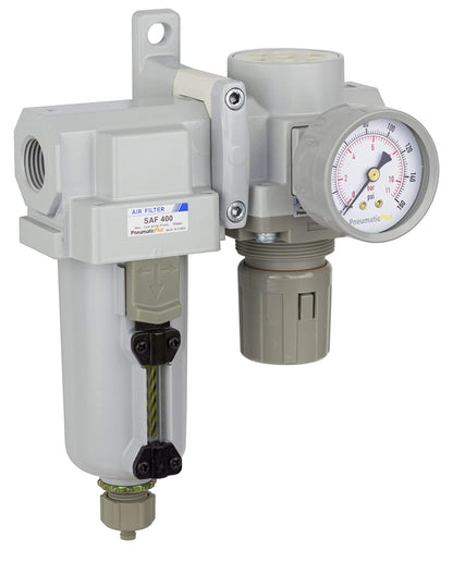 PneumaticPlus SAU420-N04G-MEP Compressed Air Filter Regulator Combo 1/2" NPT - Metal Bowl, Manual Drain, Bracket, Gauge