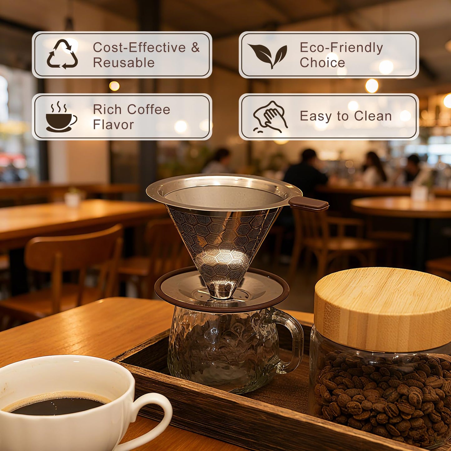 Roogaluckeep Pour Over Coffee Dripper, Stainless Steel Coffee Filter, Paperless Reusable Coffee Filter, Metal 600 Mesh Strainer Coffee Maker Single Cup Brewer 1-2 Cup