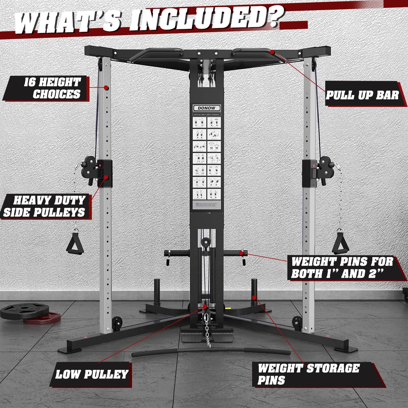 DONOW Cable Crossover Machine, Cable Fly Machine Home Gym System Workout Station with Dual Pulley System Pull-Up Bar Cable Bar and LAT Pull Down System (DN-5011)