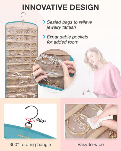 BAGSMART Hanging Jewelry Organizer, Large Teal Necklace Holder with 20 Jewelry Bags, Travel Storage Roll with Pockets