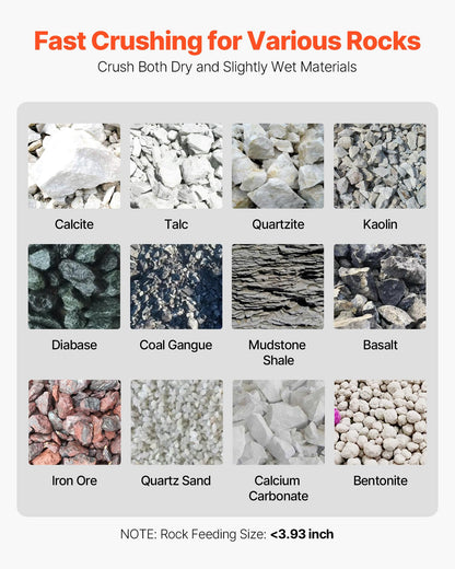 VEVOR Jaw Crusher Machine, 2.2KW High Power Rock Stone Crush Machine, 6.10 x 5.12 inch Feeding Port, 1740 RPM Speed Stone Shatter Grinder, Electric Stone Shatter 220V, for Rock Coal Glass Bottle