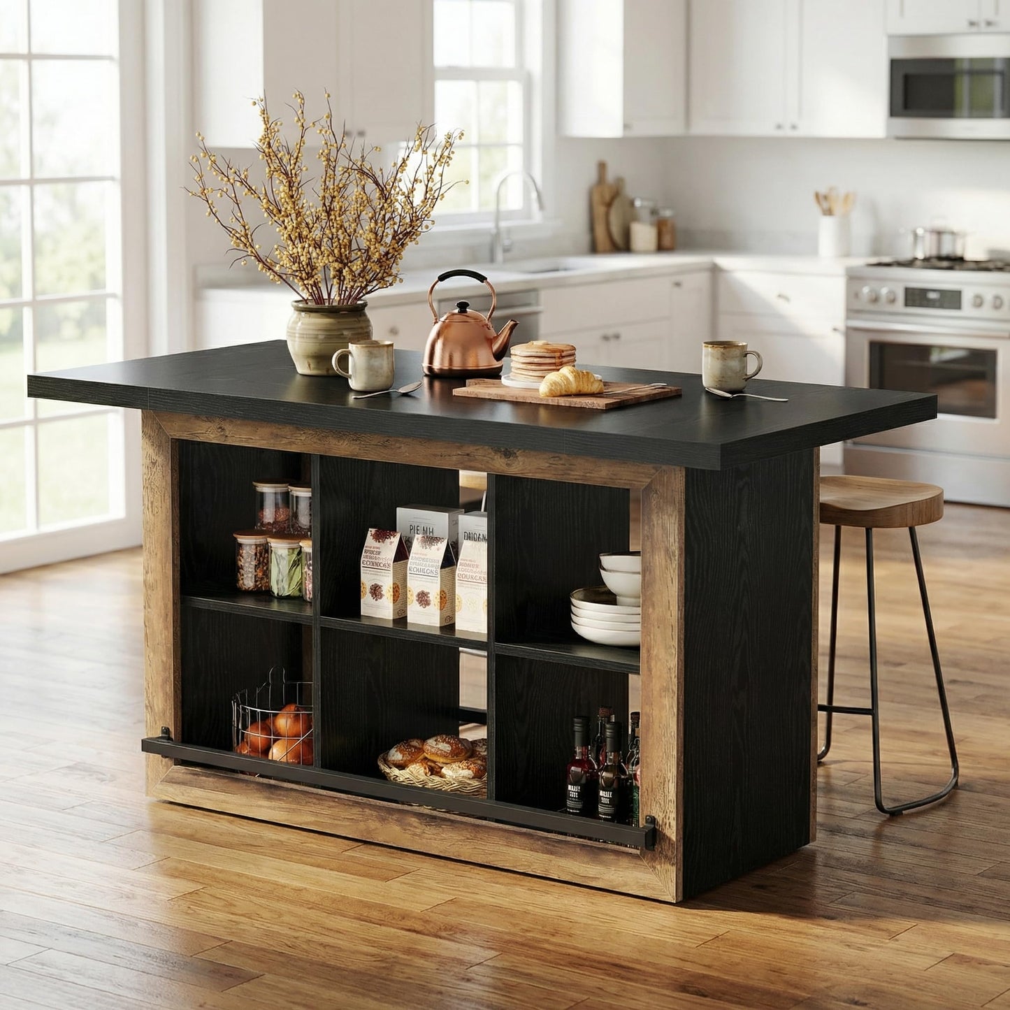 Tribesigns Kitchen Island with Storage, 62.6" Farmhouse Table with 6-Cubby Open Shelves & Metal Foot Rail, Butcher Block Style Counter Height Stationary Unit