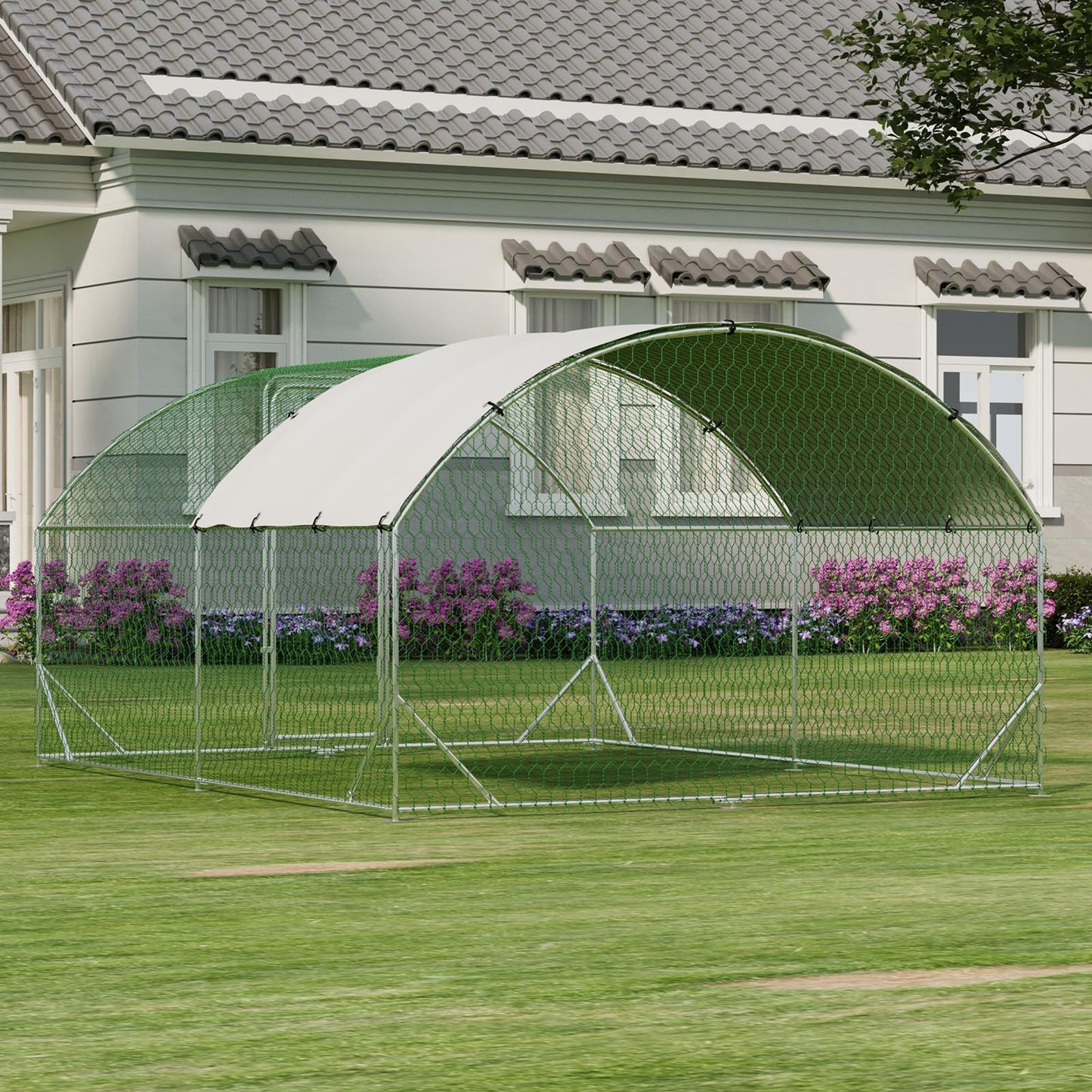 Large Metal Chicken Coop, Doom Roof Chicken Run for Yard, Walk-in Poultry Cage with Waterproof and Anti-UV Cover for Outdoor Backyard Farm (9.8x13.1x6.5FT)