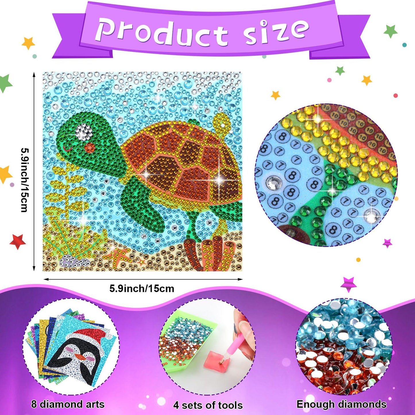 Epakh 8 Pieces Diamond Art Kits for Diamond Art Animal Gem 5D Painting Kit Crystal Easy to DIY Painting by Number Home Wall Decoration (Classic Style)