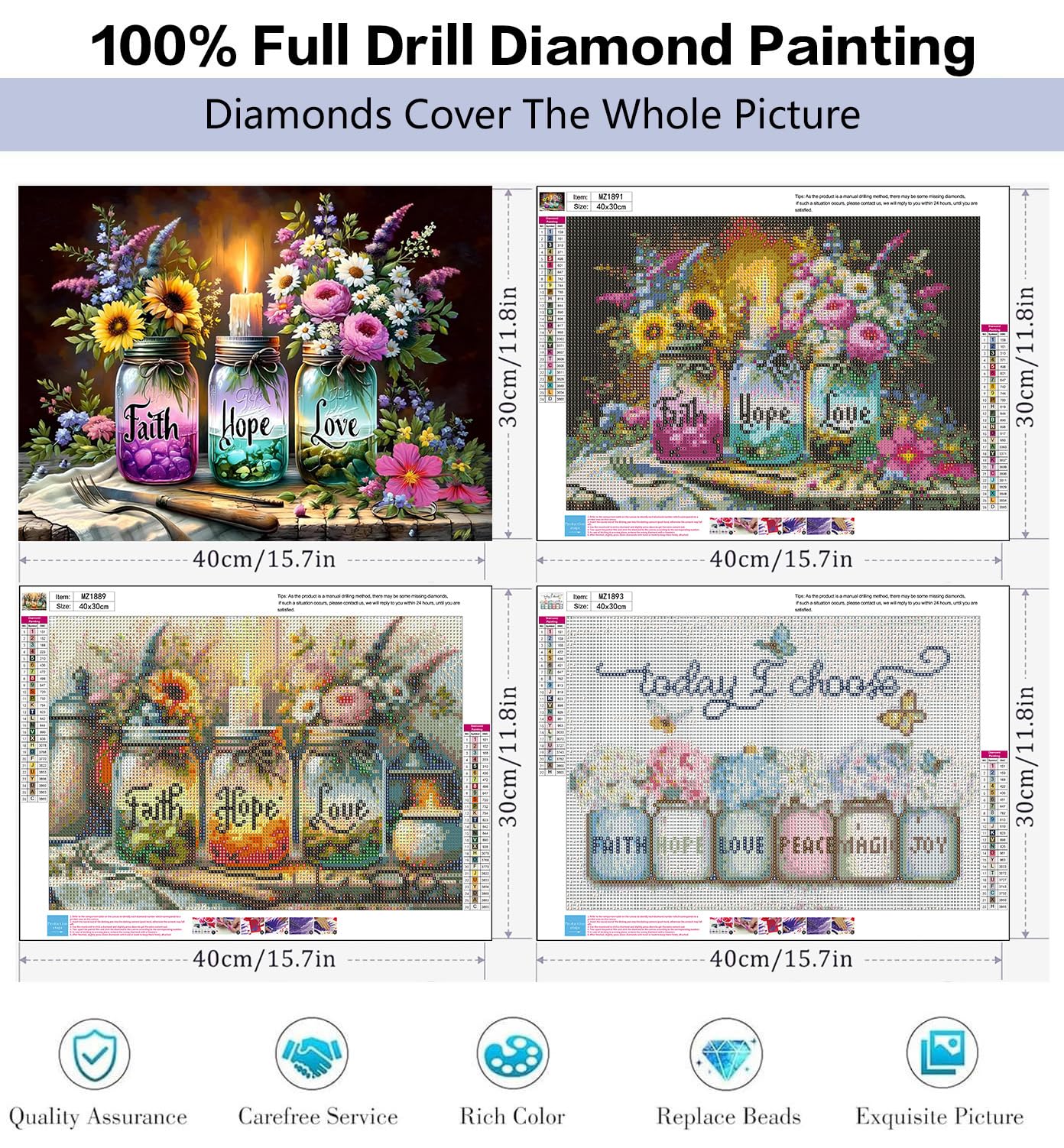 HHMATITS 3 Pack Inspirational Diamond Art Kits for Adults - Faith, Hope, Love Wishing Bottle Diamond Painting Kits for Beginners, DIY Full Drill Round Diamond Painting for Home Wall Decor 16x12Inch