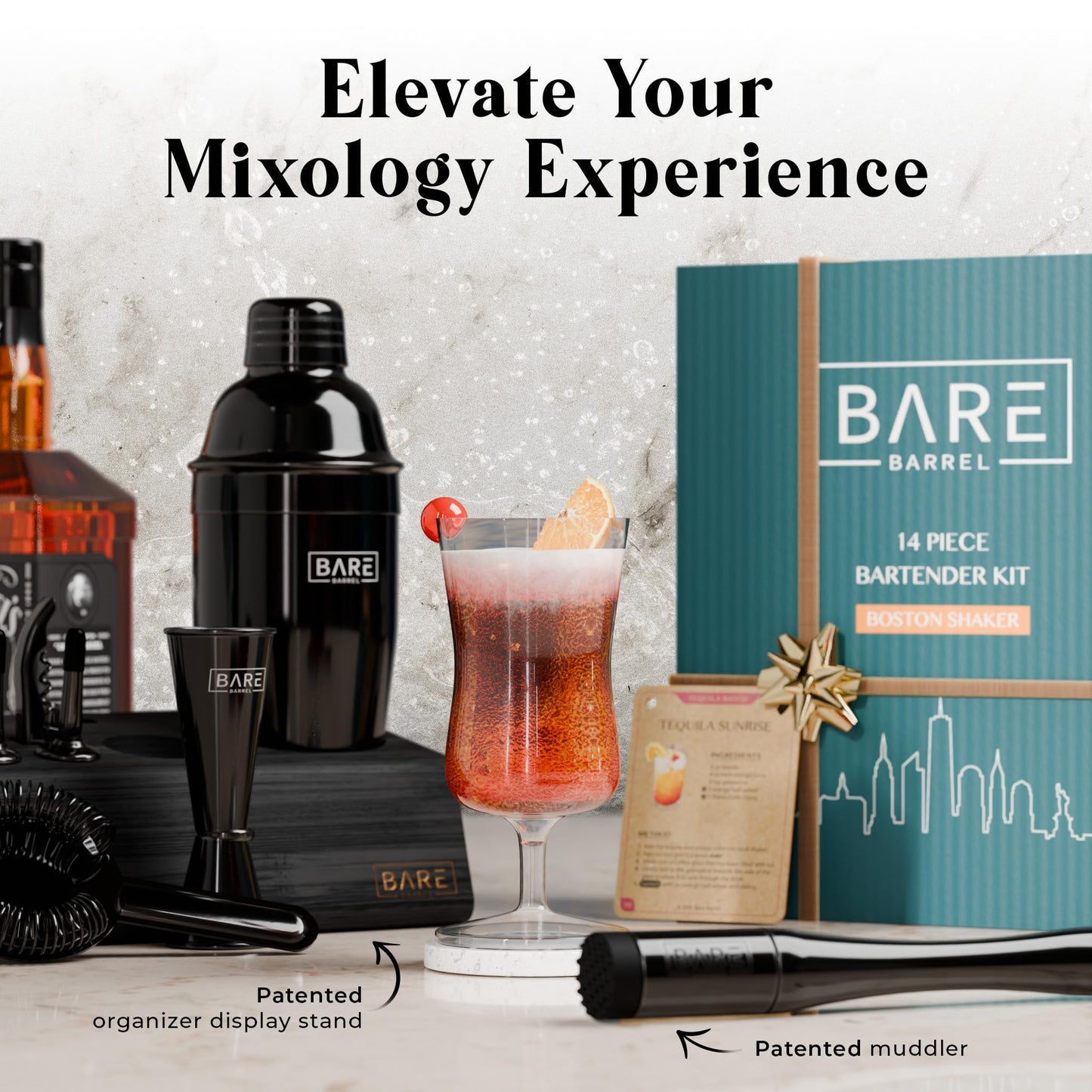 BARE BARREL® Mixology Bartender Kit Bar Set | 14-Piece Cocktail Shaker Set | Martini Barware Mixing Tools for Home Bartending | Incl. 35 Recipe Cards | Gift Set (24oz Cobbler Shaker, Jet Black/Black)