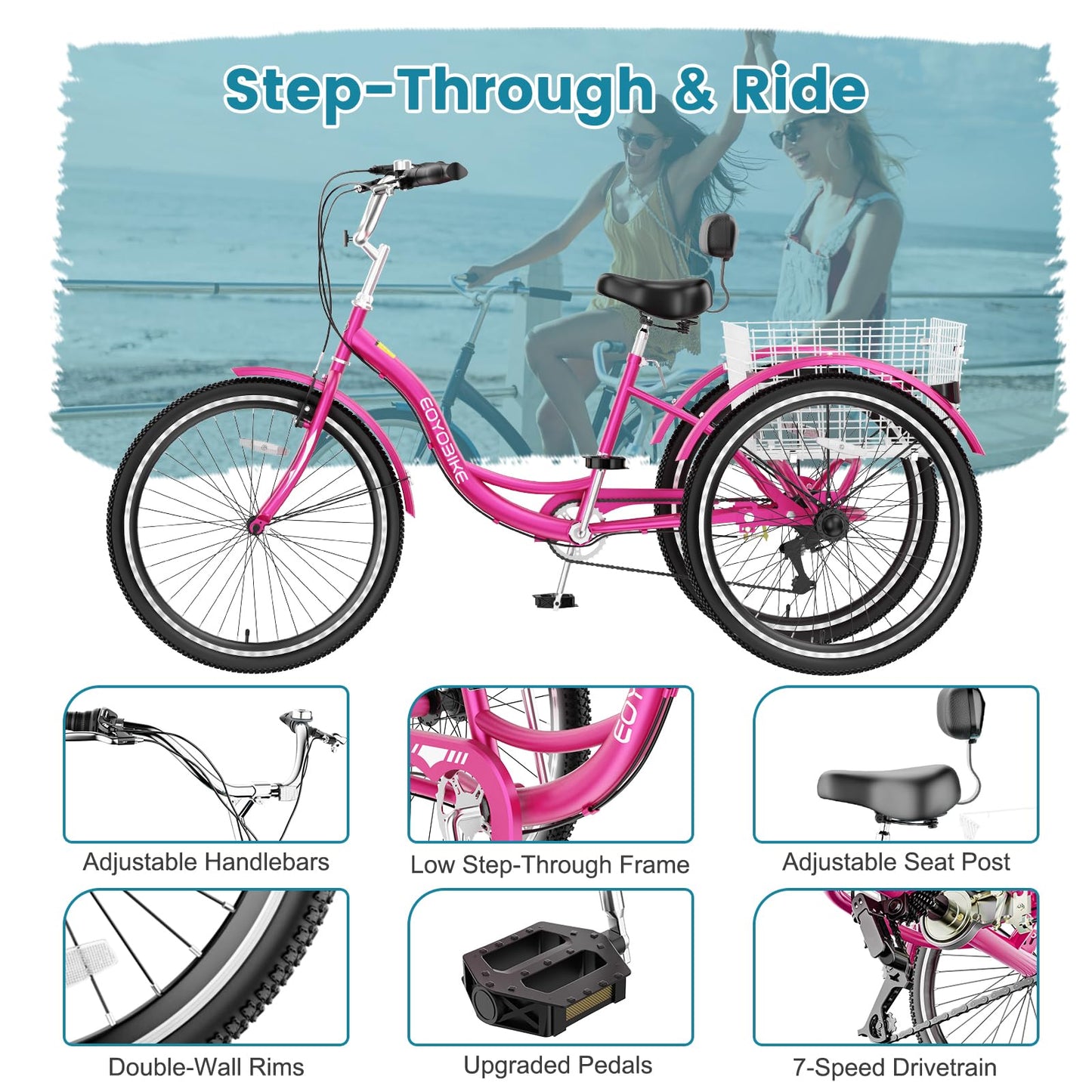 Slsy Adult Tricycle 7 Speed, 20/24/26 Inch Step-Through 3 Wheel Bike for Adults with Large Shopping Basket, 350 lb Capacity Adult Trike for Seniors, Women and Men