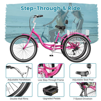 Slsy Adult Tricycle 7 Speed, 20/24/26 Inch Step-Through 3 Wheel Bike for Adults with Large Shopping Basket, 350 lb Capacity Adult Trike for Seniors, Women and Men