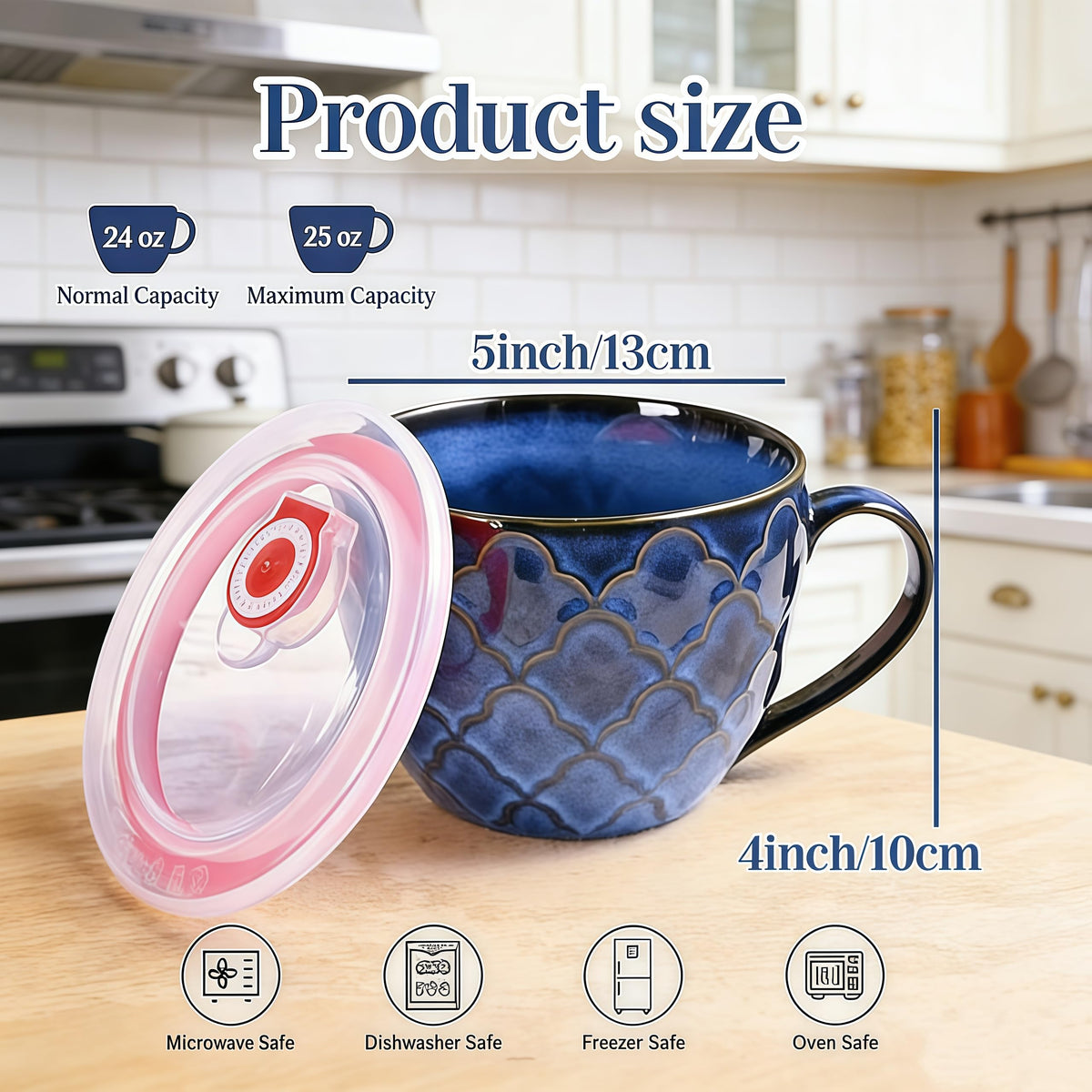 Ceramic Soup Mugs with Handles, 24 oz Microwave Safe Soup Mug/Cup with Lid, Large Soup Mug for Coffee, Cereal, Oatmeal, Salad, Ramen, Noodle, Soup, Housewarming Wedding Gift, Reactive Glaze Blue