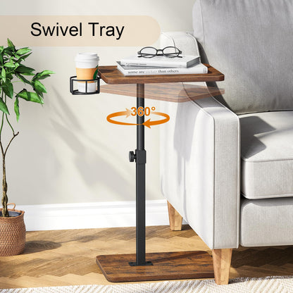 Giikin TV Tray Table, 360° Swivel Height Adjustable TV Trays for Eating on Couch,Sofa Armrest Side Table for Small Spaces Sofa Bed Dinner, Rustic Brown