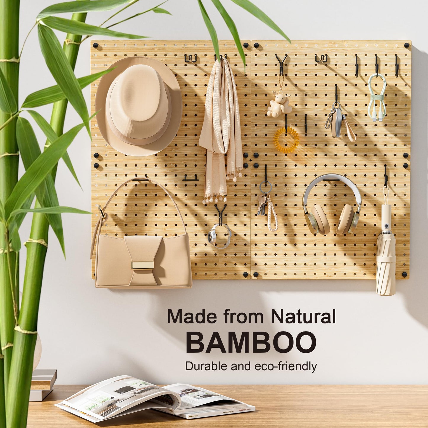 VOIMO Bamboo Peg Board, Eco-Friendly Pegboard Organizer Set with 35 Hooks – Wall Mounted Storage Rack for Kitchen, Tools, Crafts, Garage & Office – Pegboards System for Home Organization