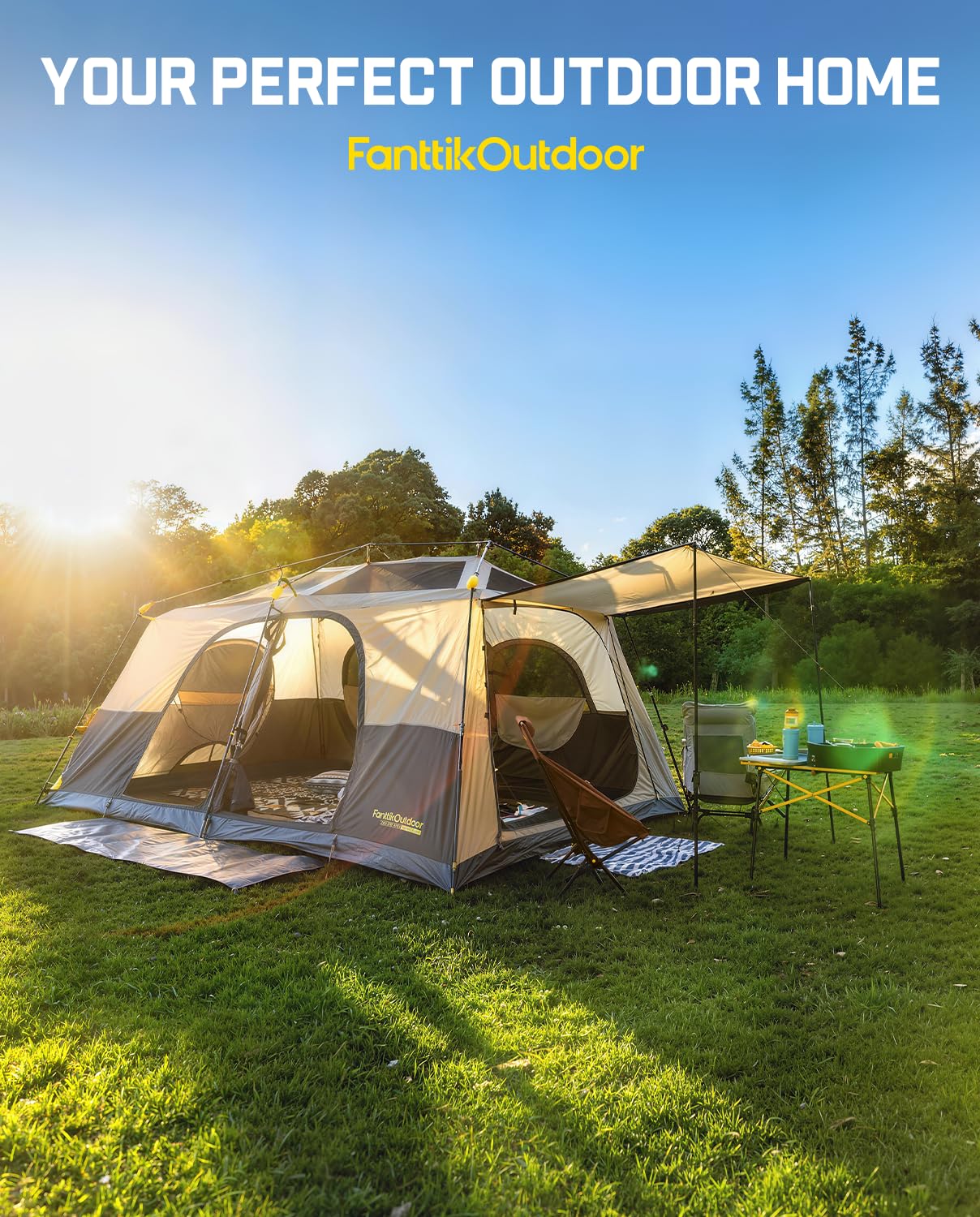 FanttikOutdoor Zeta C10 Apex Canopy Tent, 10 Person Instant Cabin Tent Setup in 60s, Family Tent with Carry Bag for Family Camping & Hiking, Waterproof, Upgraded Ventilation