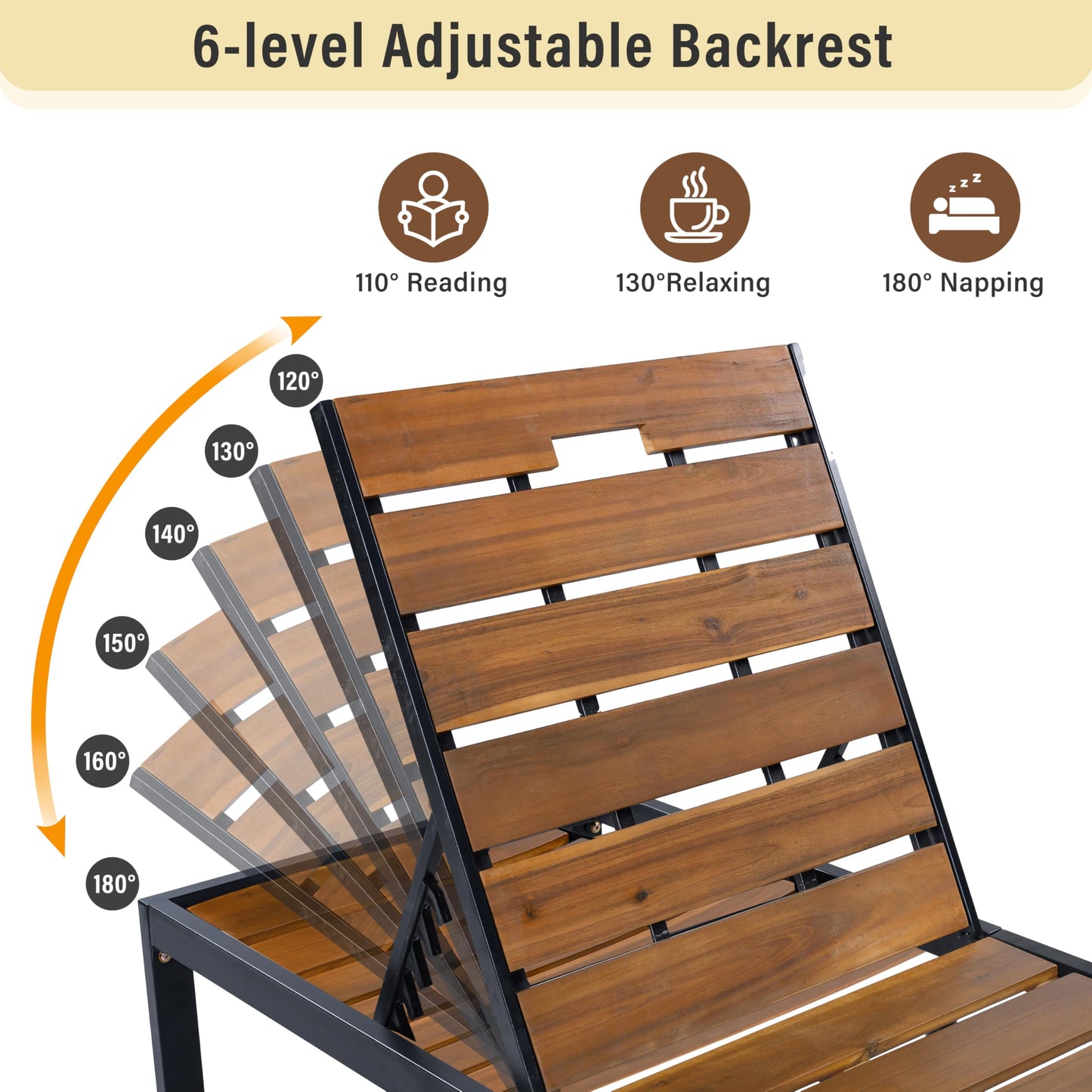 ApilithHive Outdoor Chaise Lounge with 6-Position Adjustable Backrest, Acacia Wood and Steel Frame, 78.7", 400 lbs Capacity, Black+Natural