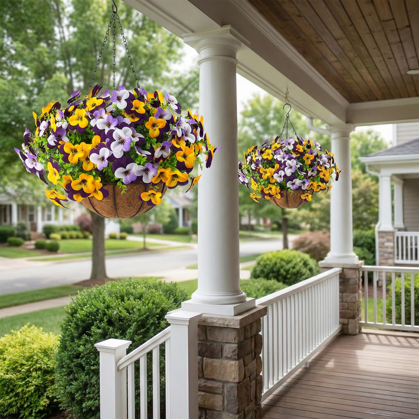 2 Set Artificial Outdoor Pansy Flowers with Hanging Baskets, 2 Hanging Baskets with 24 Pcs Silk Flowers for Spring Easter Decorations Porch Patio Home Decor (2, Purple, Yellow, White, Light Purple)