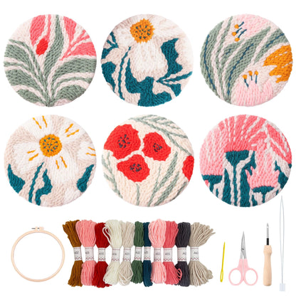 Punch Needle Coasters kit, 6-piece Flower Pattern Set - Cup Holder DIY Punching Needle Embroidery Kit (floral01)