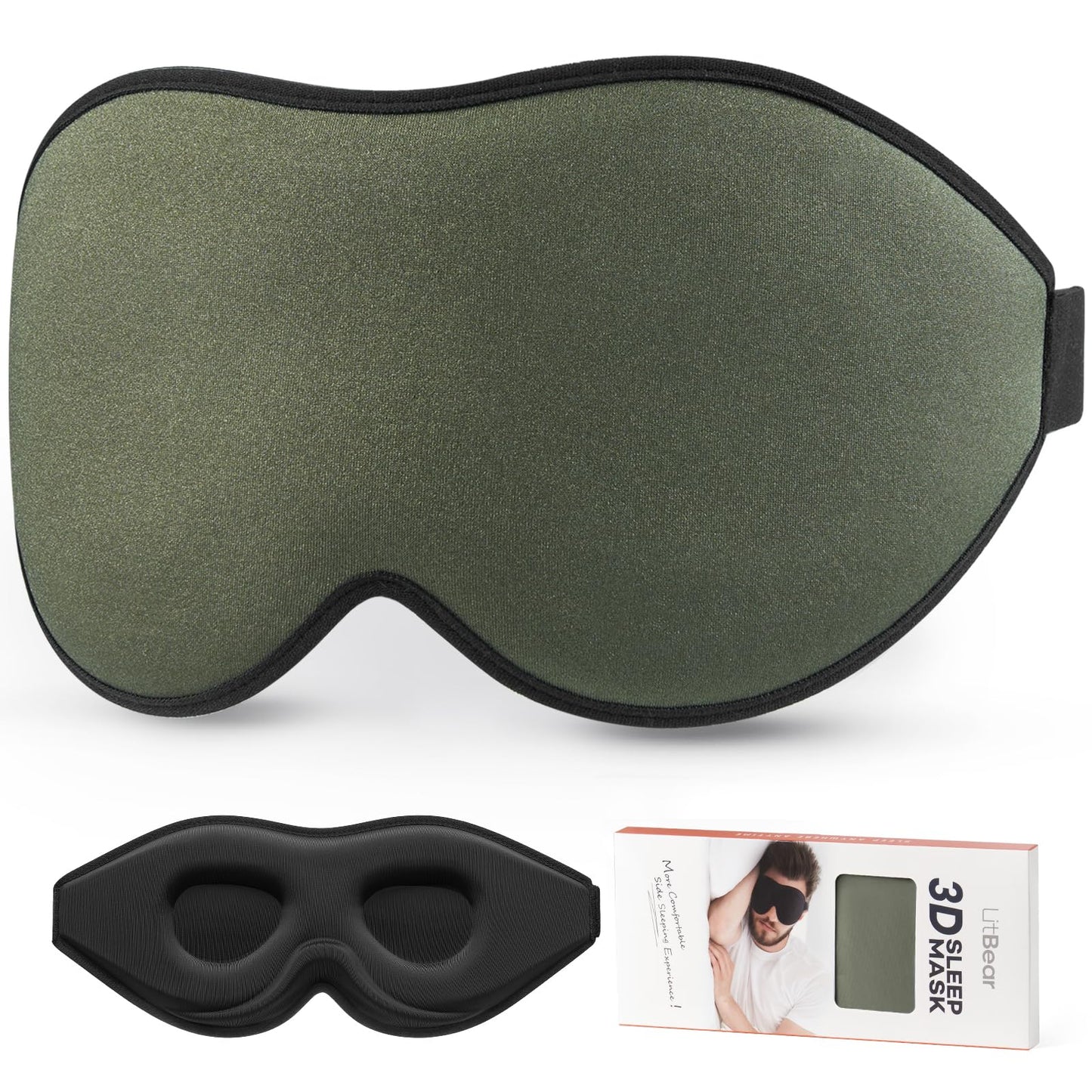 LitBear Sleep Mask for Side Sleeper Women Men, Eye Mask for Sleeping Light Blocking, 3D Contoured Cup Sleeping Mask, Soft Breathable Sleep Eye Mask with Adjustable Elastic Strap for Travel
