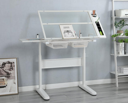 GOWE Hand Crank Adjustable Drafting Table Drawing Desk with 2 Metal Drawers (White) with Stool