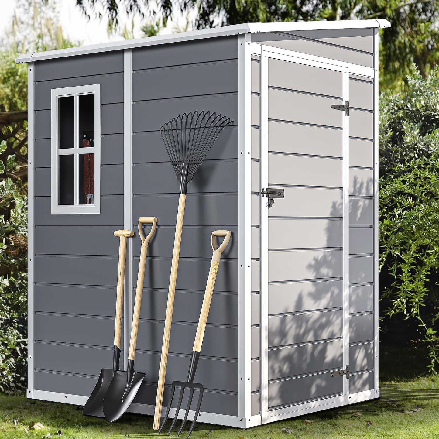 DWVO 5x4 FT Outdoor Storage Shed with Floor, All-Weather Resin Storage Shed with Lockable Door & Window, Waterproof Plastic Tool Storage for Garden, Backyard, Patio, Lawn, Gray