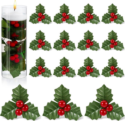 Christmas Holly Berries for Crafts, Faux Flowers and Holly Leaves, 50 Pcs for Wreath Fillers