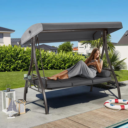 HOMREST 3 Person Outdoor Porch Swing with 1.5" Upgraded Cup Holder, Adjustable Canopy, Backrest, Patio Swing Bed with Weather Resistant Steel Frame, Cushions for Garden,Deck and Poolside(Gray)