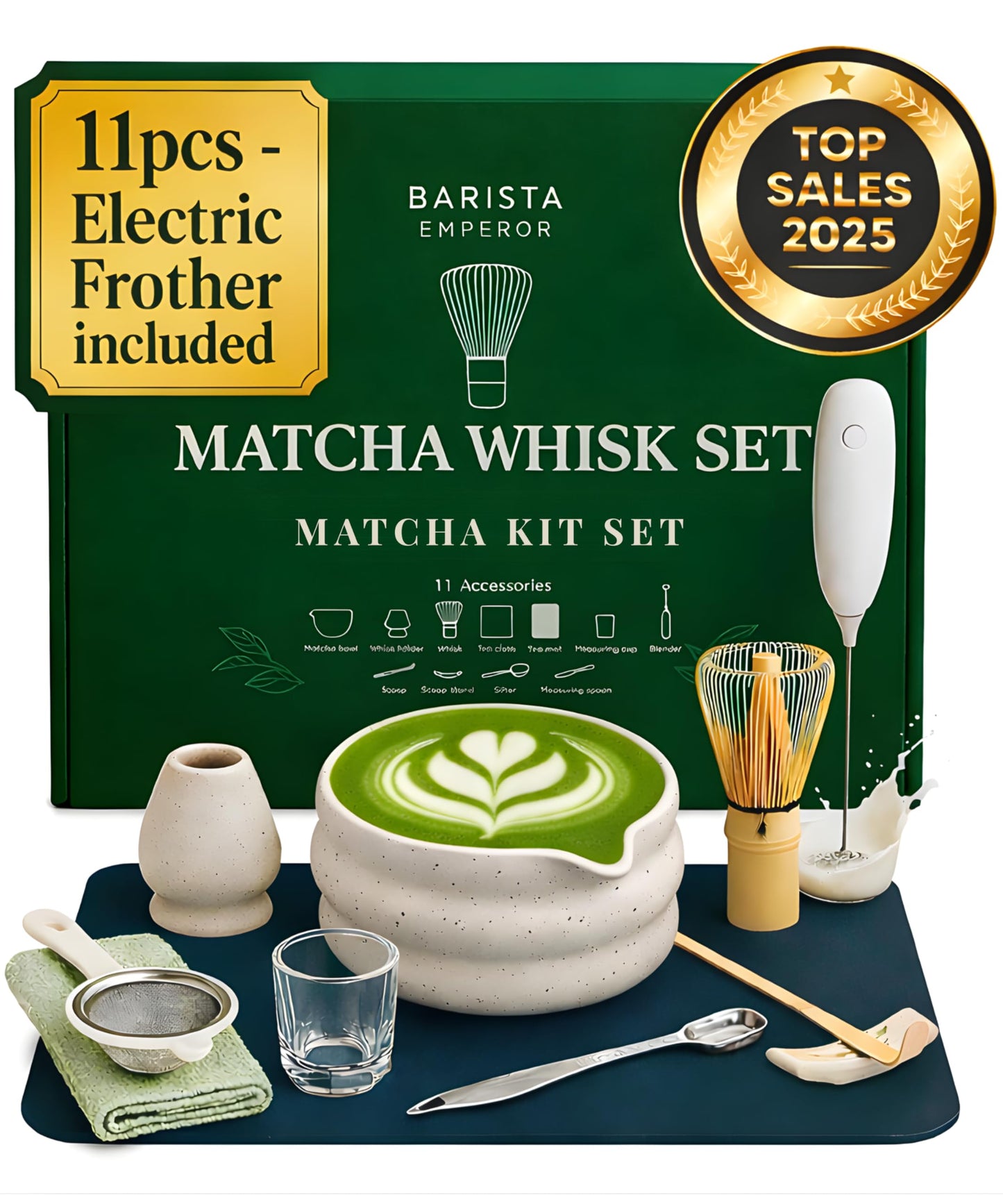 BARISTA EMPEROR® MATCHA WHISK SET PREMIUM 11pcs - Professional Matcha Kit Set with Matcha Bowl, Matcha Whisk, Milk Frother, Spoon, Sifter, Scoop, Stand, Cup, Tea Mat, Cloth - Matcha Bowl Set