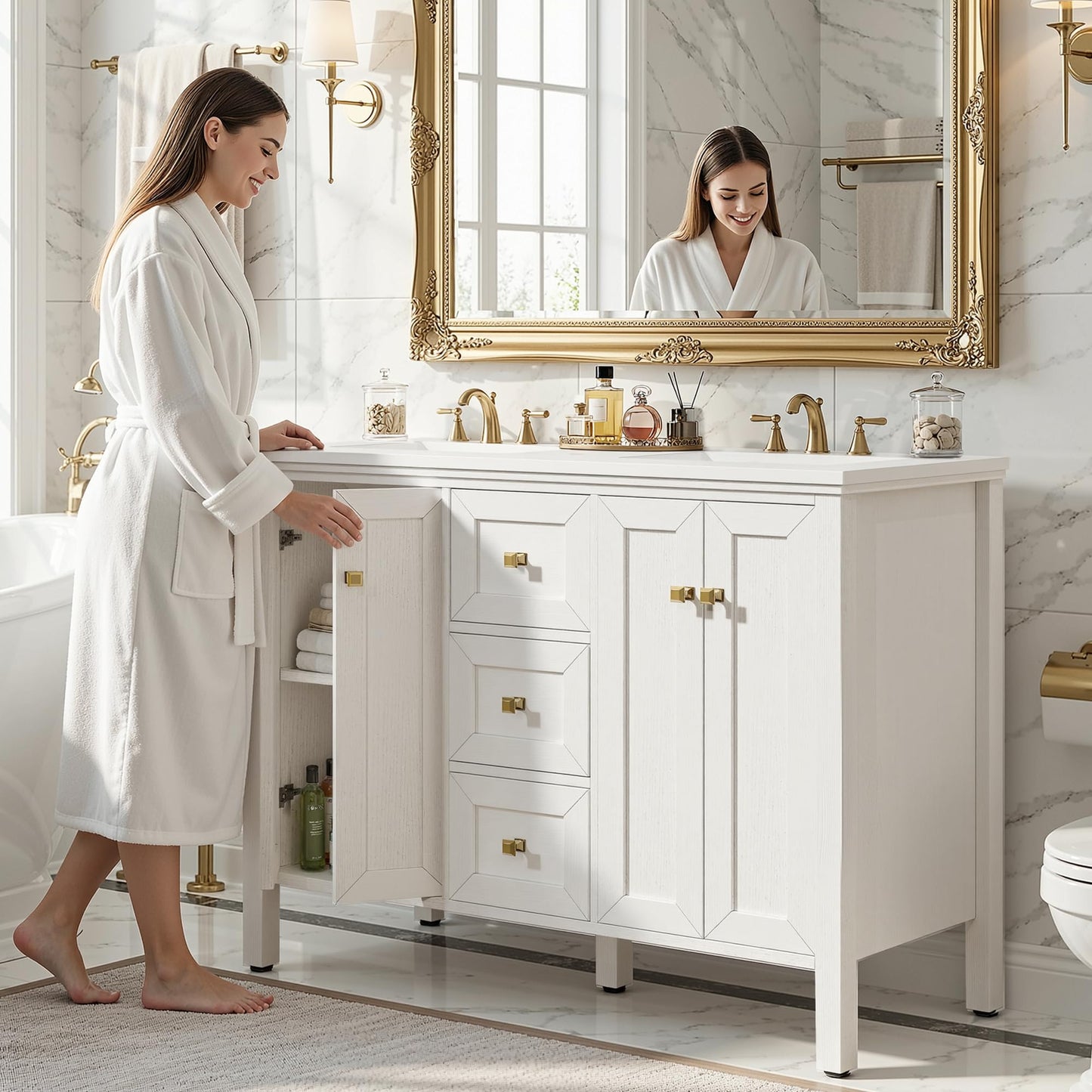 YITAHOME 47 Inch Bathroom Vanity with Double Sink, Retro Bathroom Storage Cabinet with Sintered Stone Countertop, Six Holes, 4 Doors & 3 Drawers
