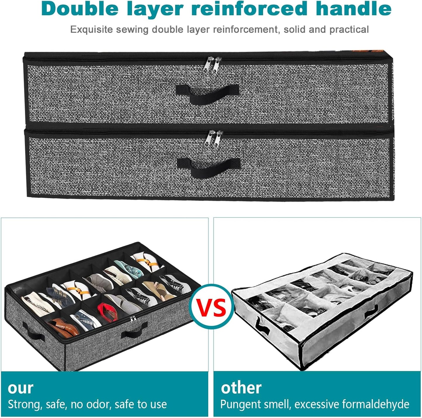Under Bed Shoe Storage Organizer, 2 Pack for 28 Pairs, Clear Window, Foldable Shoe Rack Holder, Black