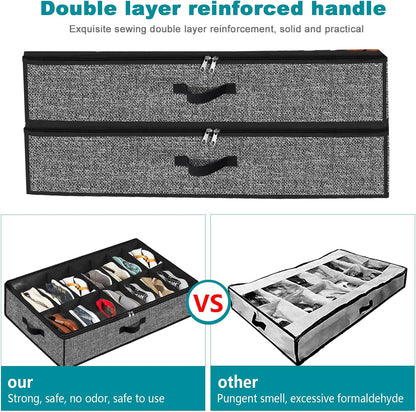 Under Bed Shoe Storage Organizer, 2 Pack Fits 32 Pairs, Clear Window, Foldable Shoe Rack Holder, Black