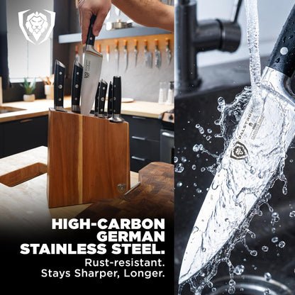 Dalstrong 8-Piece Knife Block Set — German High-Carbon Steel, Full-Tang, Hand-Polished 14–16° Edge — Gladiator Series For First Real Kitchens, New Homeowners & Apartment Cooks — Acacia Block, NSF