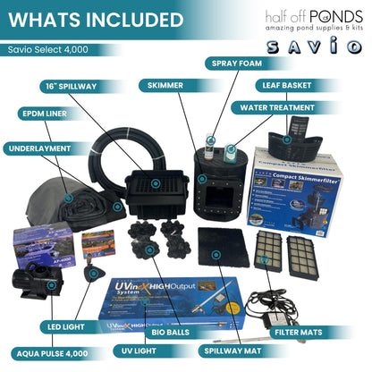 HALF OFF PONDS Savio Select 4,000 GPH Submersible Pump Pond Kit with 20' x 25' EPDM Rubber Pond Liner, UV Clarifier for Water Garden & Koi Pond